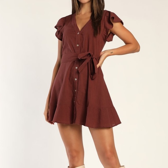 Lulu’s Daytime Dreamer Brown Button-Up Mini Dress rust brown. Medium (large) - Picture 1 of 8